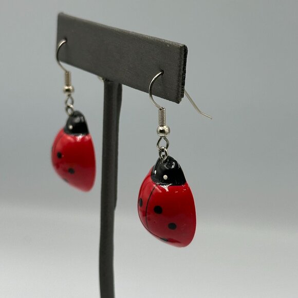 3/$30 Ladybug Dangle Earrings Red Black Spotted Insect Motif Novelty 1.5" - Picture 4 of 9